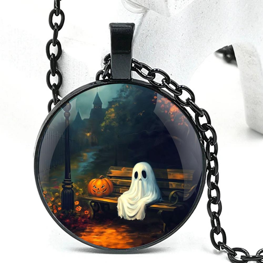 

Ghost Glass Dome Pendant Necklaces for Men and Women, Halloween Fashion Accessory, Unique Gifts Black