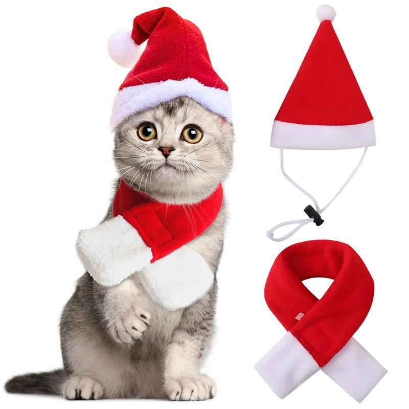 Cat Santa Hat Strap Scarf Set Puppy Kitten Christmas Party Costume