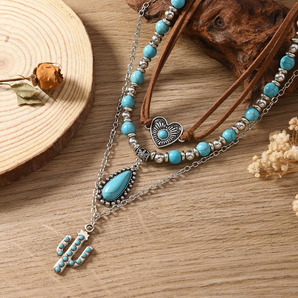 Sweet and Cool Jewelry Retro Imitation Turquoise Summer Collarbone Chain Beaded Necklace Set Ethnic Style Multi-item Jewelry разноцветный