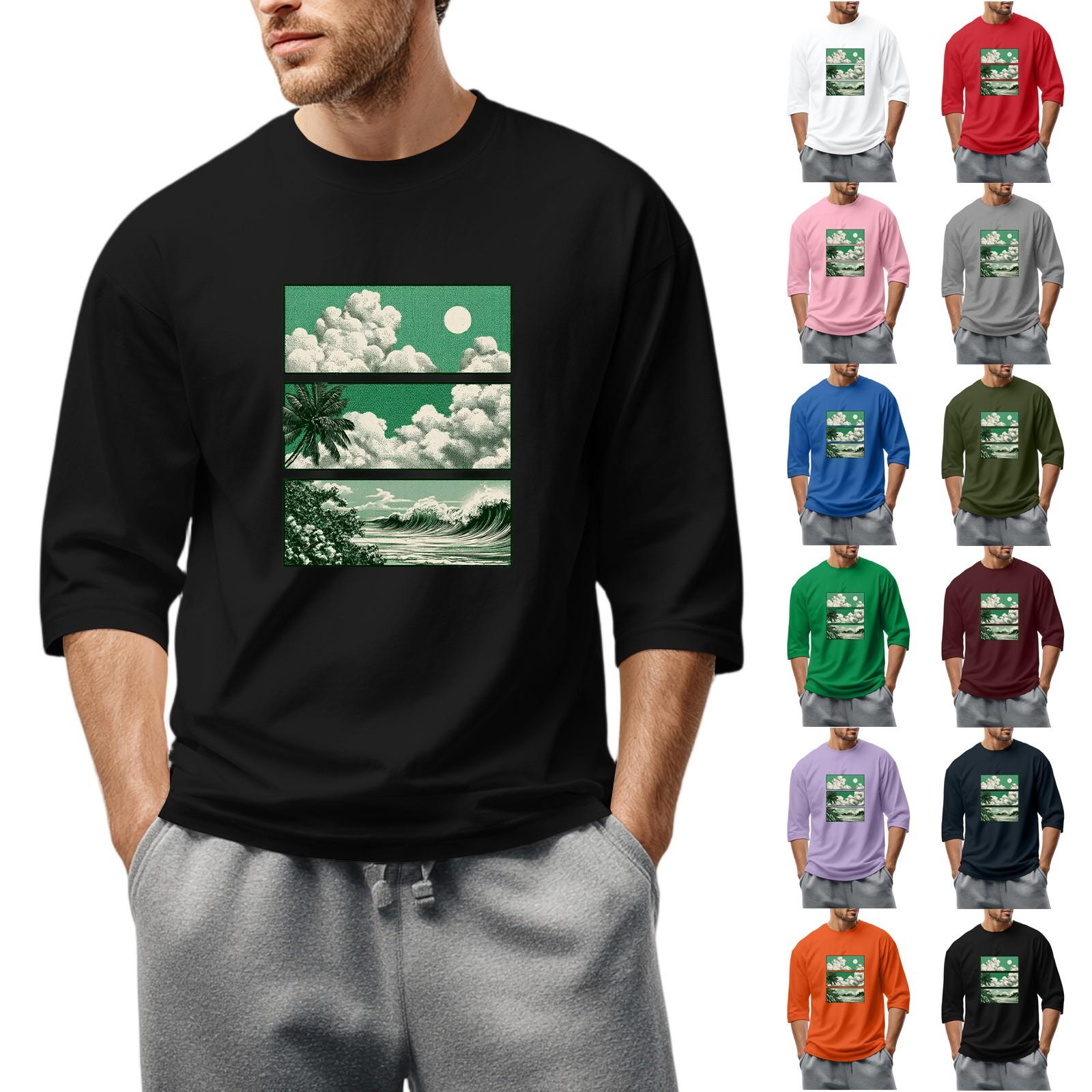 

Men S Round Neck Three-Quarters Sleeve Top Casual Fashion T-Shirt S винний