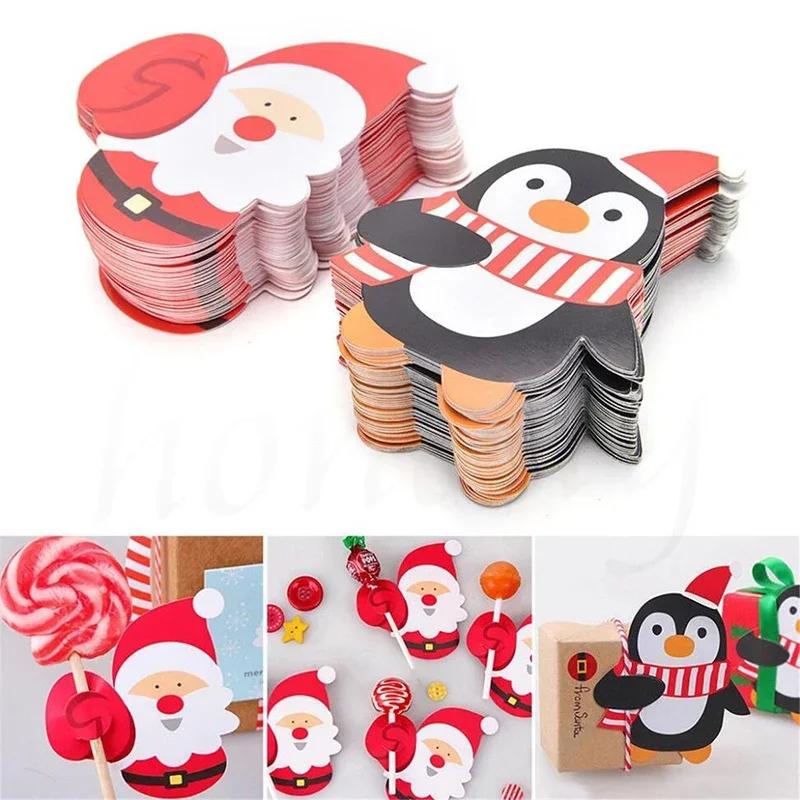 100/25x Christmas Lollipop Paper Cards Santa Claus Penguin Snowman Pattern Candy Gifts Package Wrapping New Year Party Decor