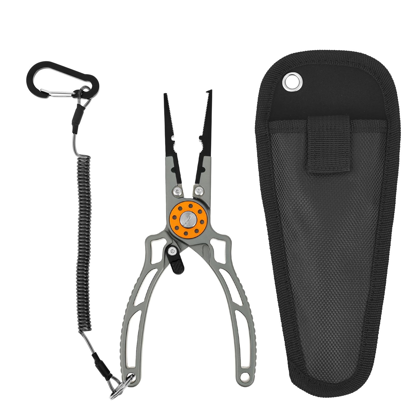 

Fishing Pliers with Sheath and Coiled Lanyard Professional Fishing Tool with Safety Lock for Freshwater and Saltwater сірий