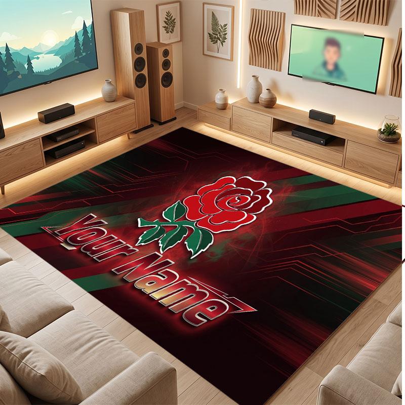Tappeto in Velluto di Cristallo Personalizzato Rugby Inghilterra, Tappeto Morbido Antiscivolo con Testo Nome Personalizzato per Soggiorno Camera da Letto