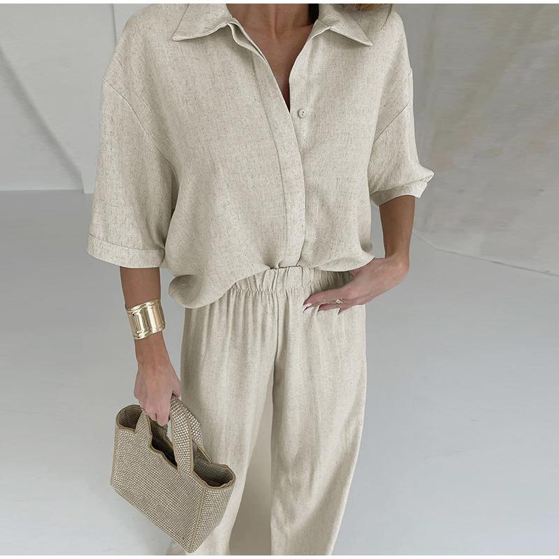 Women's Mid Sleeved Shirt and Wide Leg Pants Set with Solid Color Ruffle Decoration Women's Summer Set with Daily Casual Style Clothes