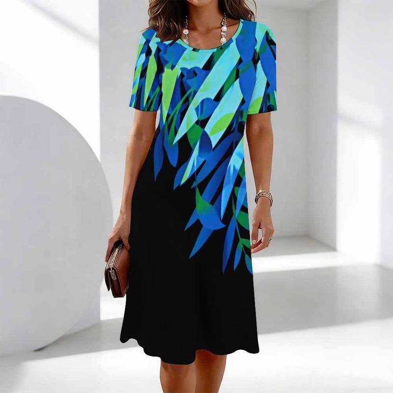 Robe midi à manches courtes imprimée pour femme, col rond, coupe ample et décontractée, ligne A, robe de tous les jours