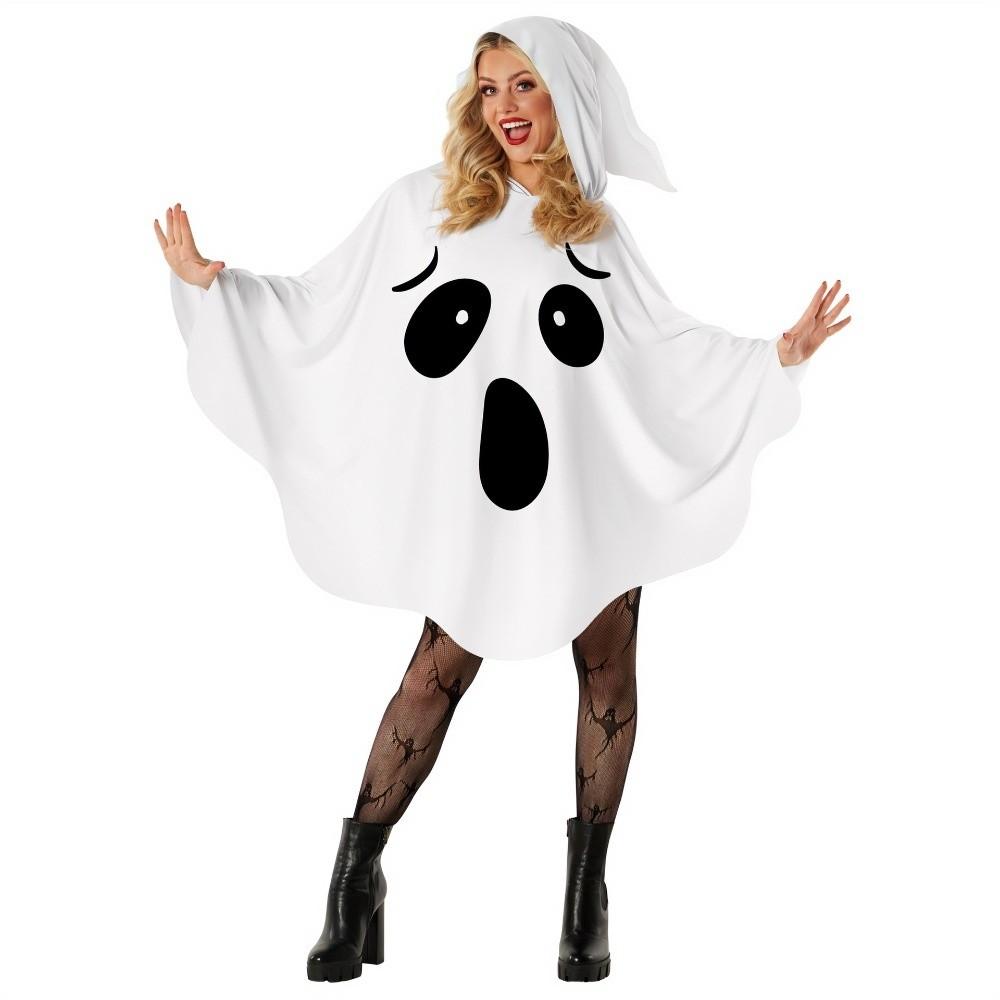 White Halloween Cloak Cape Black Eye Ghost Cosplay Costume Creative Design Pumpkin Cloak  Women