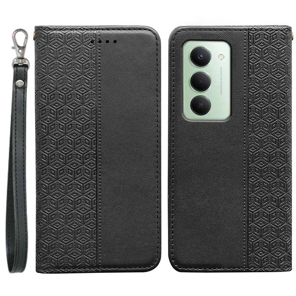 For Xiaomi Redmi 15 4G (EU) (171mm) Wallet Phone Case Checkered Pattern Imprint Leather Flip Cover with Wrist Strap