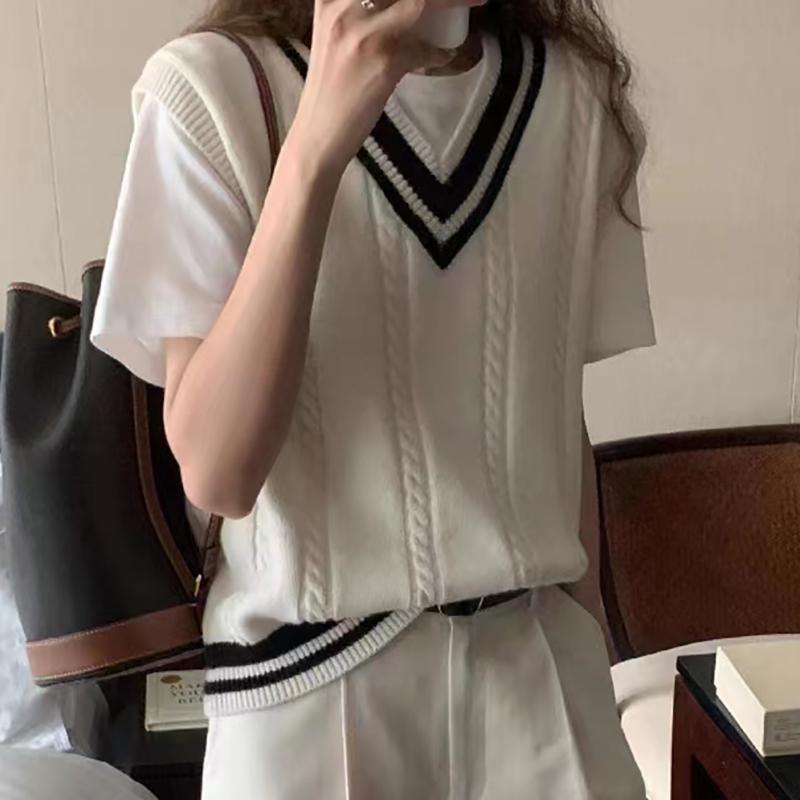 Women Patchwork V-neck Knit Sweater Vest Sleeveless Rib Preppy Style Pullover Sweater Vest For Women 2024 Autumn Winter