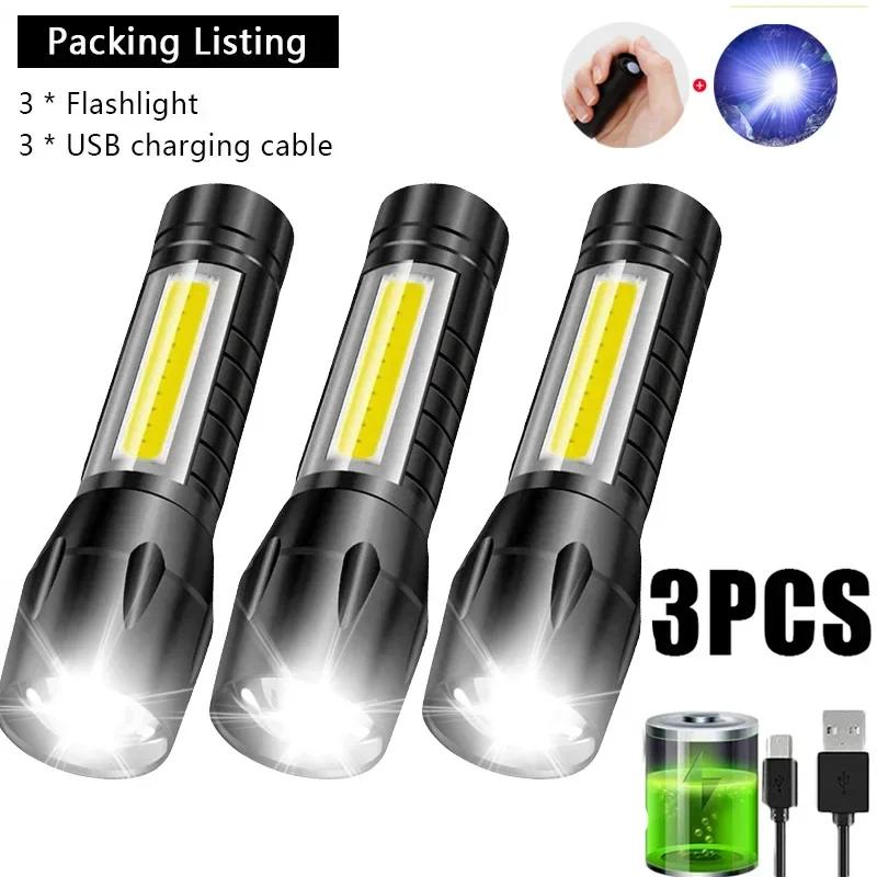 Mini COB+XPE LED Flashlight Portable Type-C Rechargeable Torch Tactical Lantern Outdoor Zoom Waterproof Light for Camping Lamp