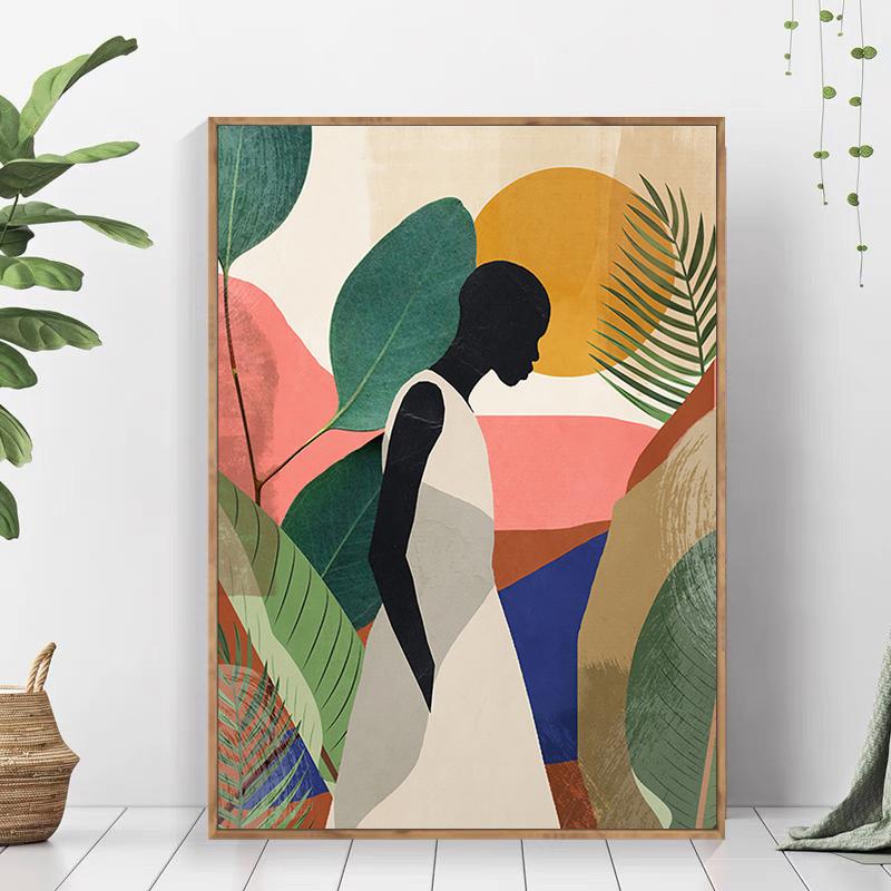 Abstract Nude Girl African Woman Monstera Leaves Poster Nordic Canvas Painting Wall Art Pictures Living Room Home Decor Modern