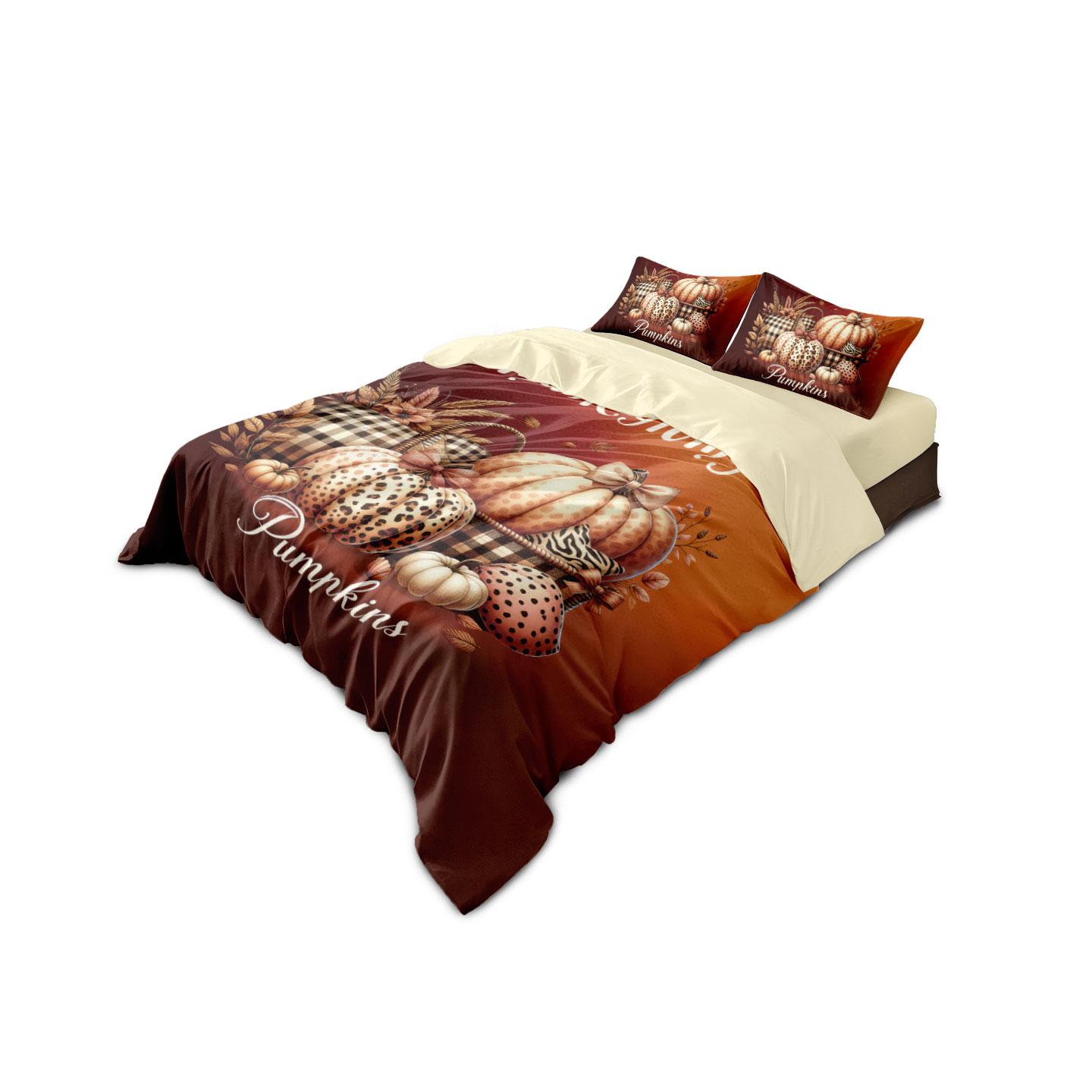 

3pcs Autumn Harvest Pumpkin Thanksgiving Printed Chipless Bedding Set, Multi Size Bedding Decoration for Bedroom and Dormitory, 135x200cm-EU-Single&set