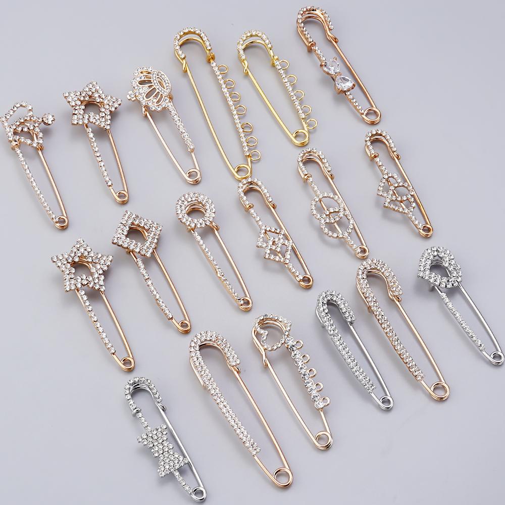 2pcs/Lot Rhinestones Gold Plated Crystals Elegant Brooche Bow Large Pins Brooch For Women Dress Safety Pin Brooches Wholesale