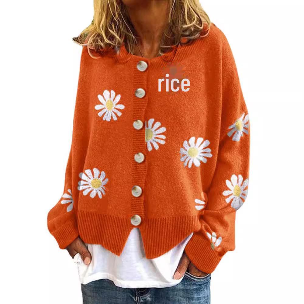 Women's Autumn-Winter Chrysanthemum Embroidered Knitted Cardigan - Casual, Simple, Fashionable, Elegant Sweater