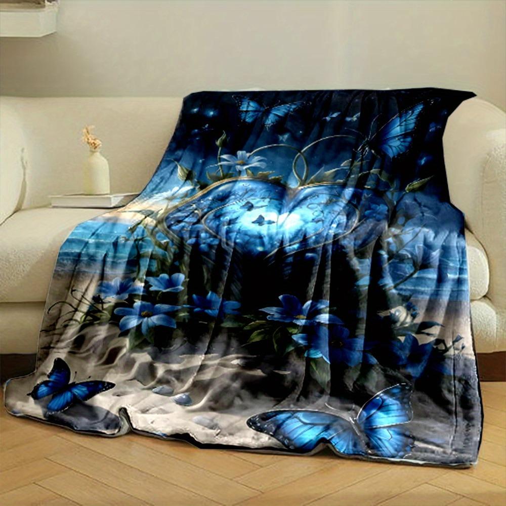 Enchanted Blue Heart & Butterfly Throw Blanket: Coastal Floral Pattern Dreamy Cozy Home Decor