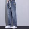 Men's Thin Loose Straight-Leg Jeans for Autumn, Trendy Brand Casual Long Pants for Boys Loose Fit Drawstring Jeans Men's