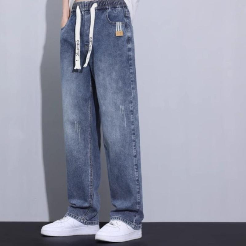 Men's Thin Loose Straight-Leg Jeans for Autumn, Trendy Brand Casual Long Pants for Boys Loose Fit Drawstring Jeans Men's