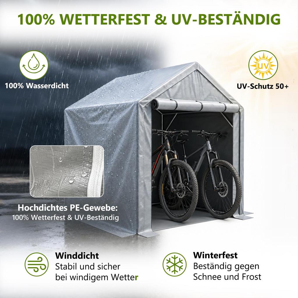 Grey Waterproof UV‑Resistant Portable Storage Shed, Galvanized Steel Frame Roll‑Up Zipper Garden Tent for Bikes Firewood Tools