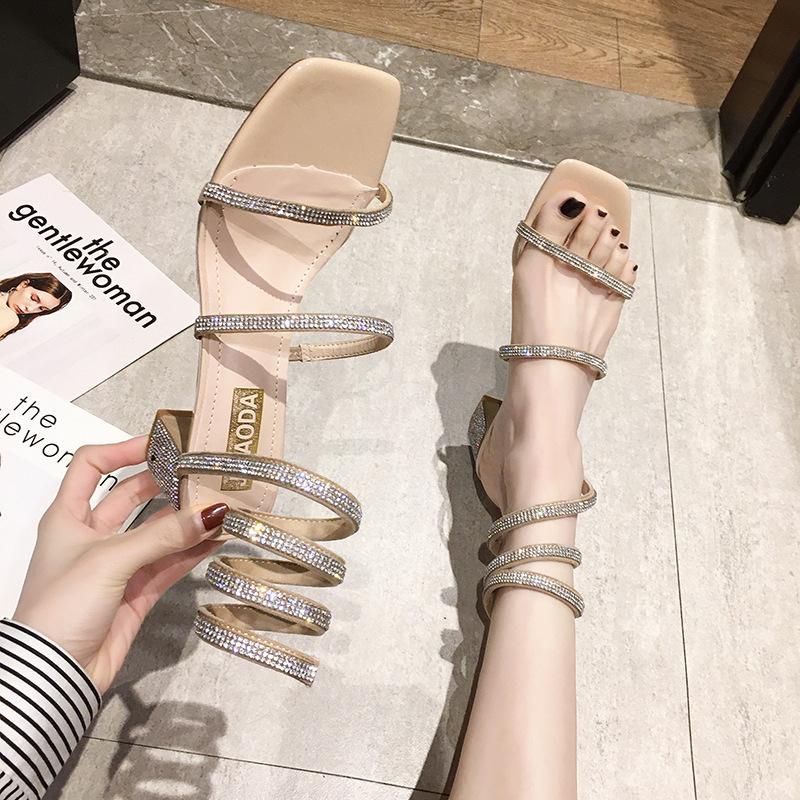 

Лето 2025 новые сандалии на толстом каблуке с перемычкой, римские туфли со стразами в виде змеи, корейская версия, сказочные сандалии 39 абрикосовый