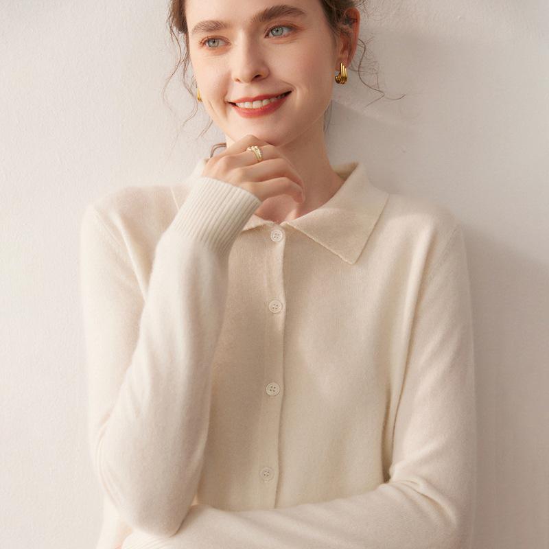 

2025 Autumn/Winter Women s Cashmere Polo Collar Long Sleeve Loose Knit Cardigan Sweater M
