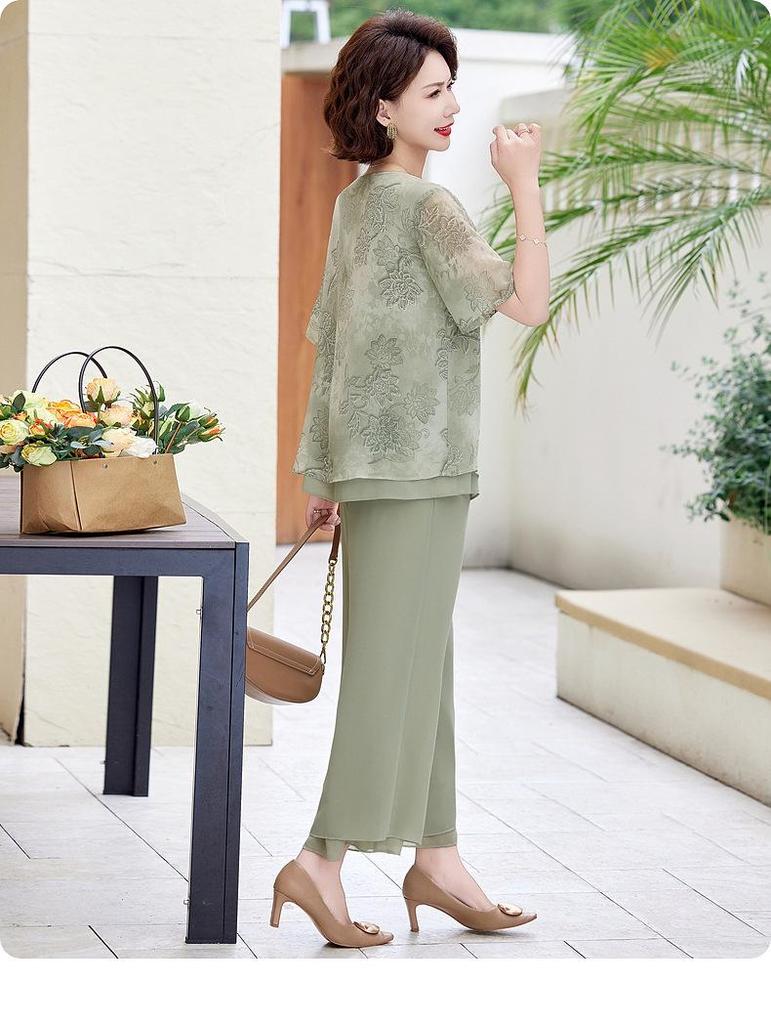 Summer 2025 Chiffon T-shirt & Blouse Set for Middle-Aged & Elderly Women - Fashionable Short-Sleeve Two-Piece