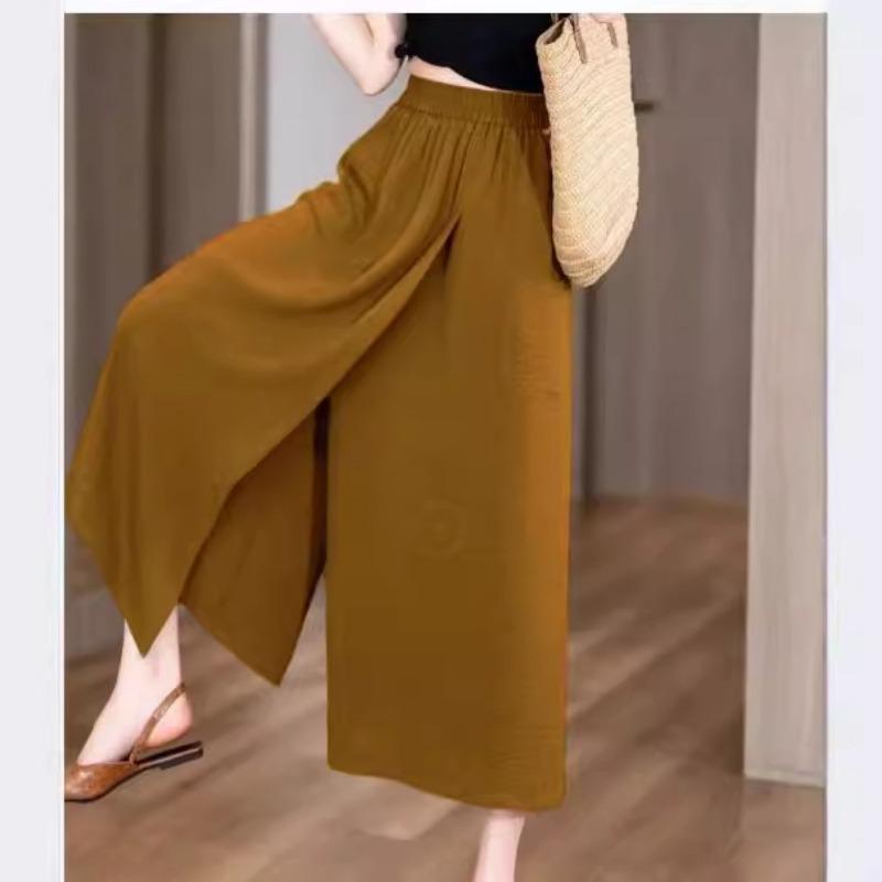 Womens Solid Split Wide Leg Pants Casual High Waist Culottes Skirt Pants