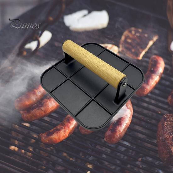 Meat Press Heat-resistant Ergonomic Wooden Handle Food-grade Cast Iron Round Burger Press Kitchen Tool Meat Press Plate