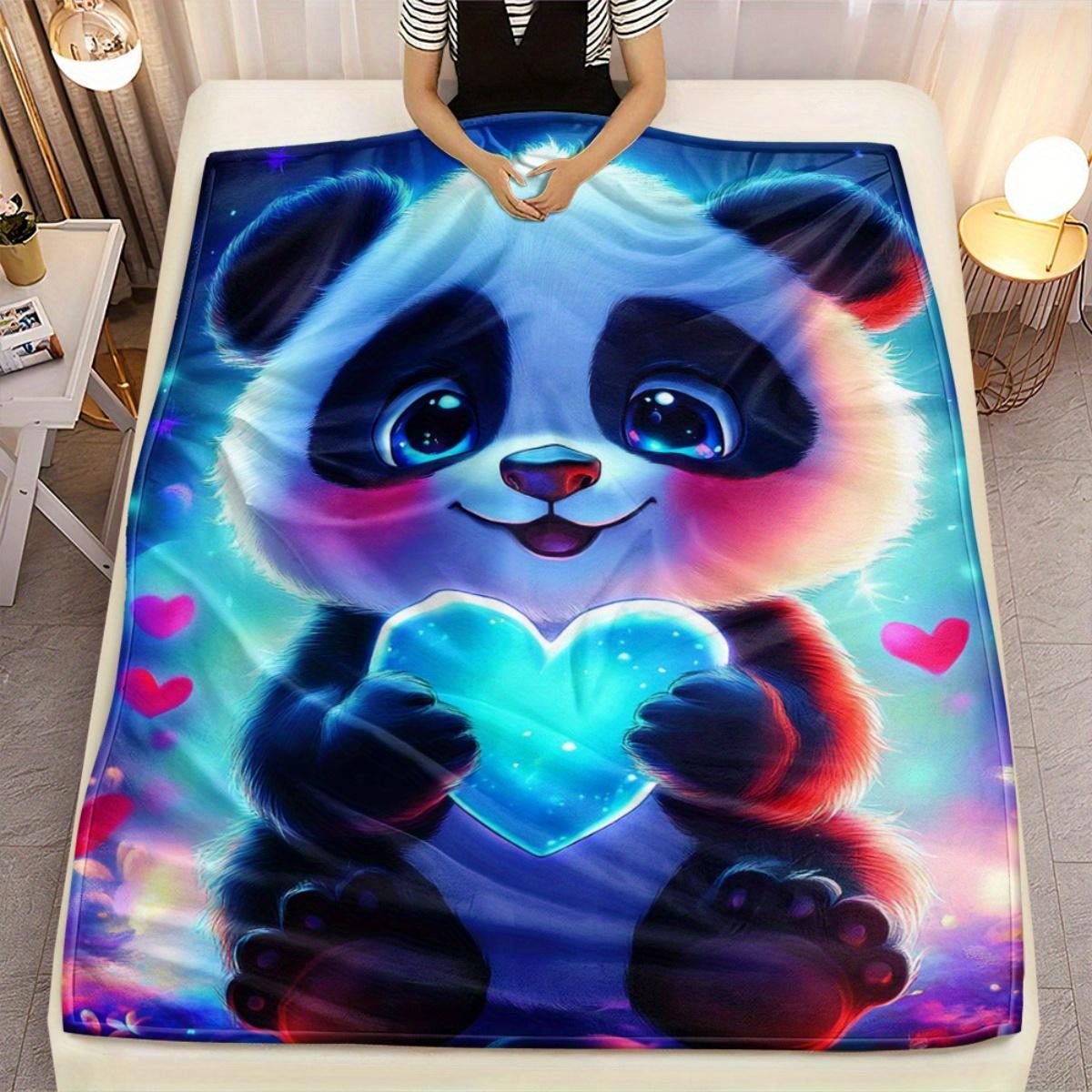 Cute Panda Holding Glowing Heart Fleece Blanket Magical Night Sky Design Soft Flannel Throw Blanket for Kids Bedroom Decor Cozy Size: 75*100cm, Weight: 280 GSM