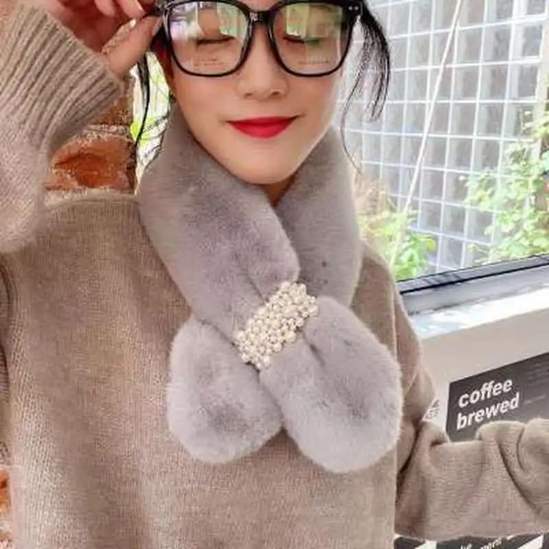 New Women's Winter Scarf Faux Fur Plush Pearl Scarf Faux Fur Thickening Warm Cross Stereo Scarfs New Scarfs Apparel Accessories
