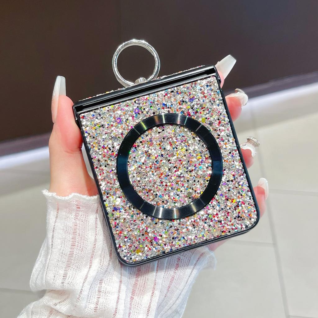 For Samsung Galaxy Z Flip 7 Ring Fold Bracket Magnetic Case for Samsung Galaxy Z Flip 6 Zflip 5 Zflip4 3 Shining Glitter Cover