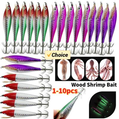 1-10 STÜCKE Angelköder Leuchtender Tintenfisch Jig Haken 7,5CM 5,5g Künstliche Falsche Oktopus-Köder Holzgarnele Tintenfisch Hartköder Meeresjigs