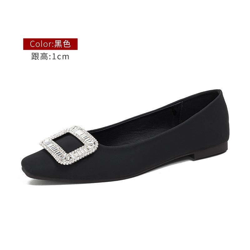 Square head shallow mouth single shoes women's spring flat bottom 2025 new rhinestone with skirt ladyshoes fashionable versatile French single shoes