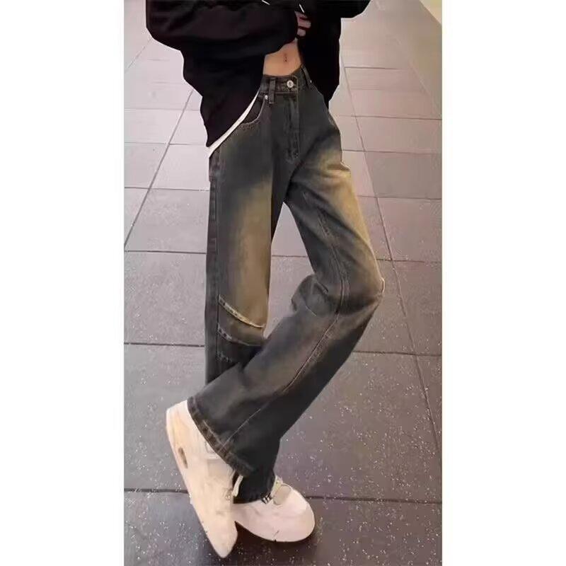 American retro washed dark blue jeans men's scimitar vibe pants high street handsome casual straight micro-pull pants