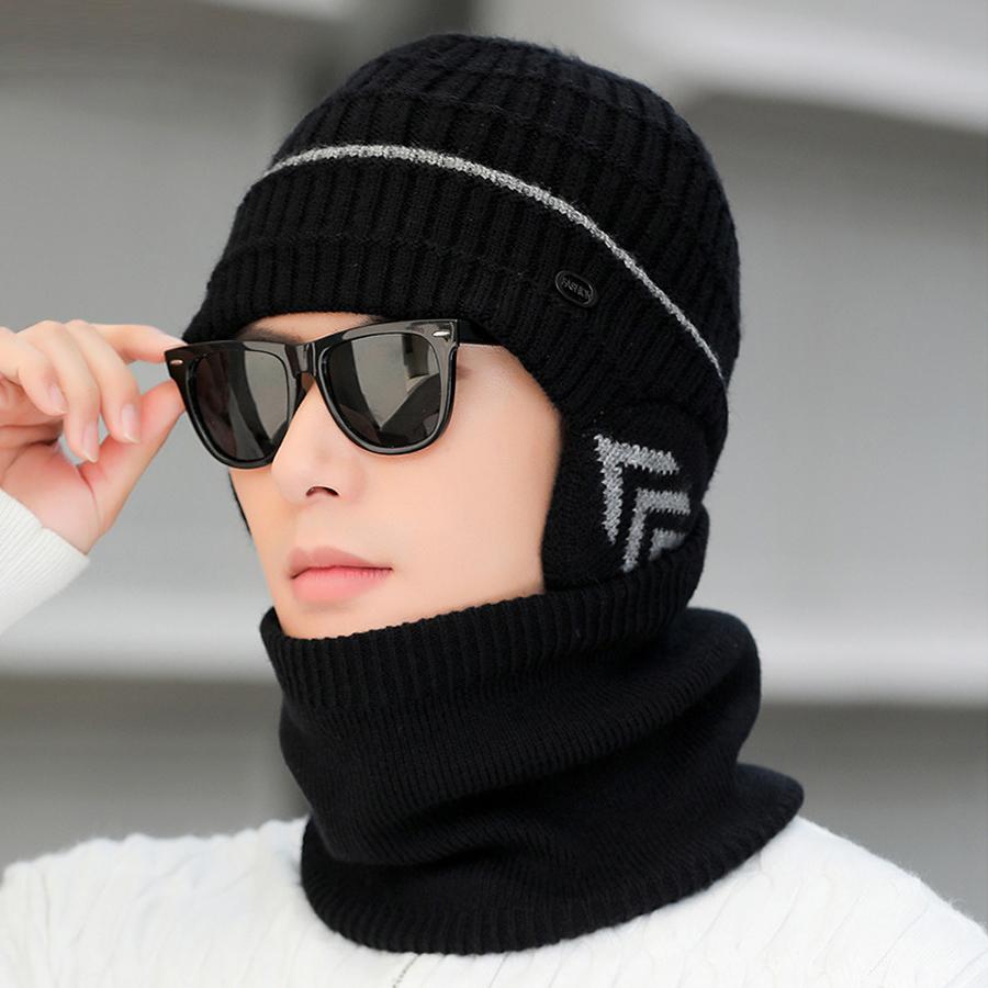 Strickmütze Schal Set Herren Winter Fleece Wolle Mütze Mittelalterliche und Ältere Dicke Warme Mütze