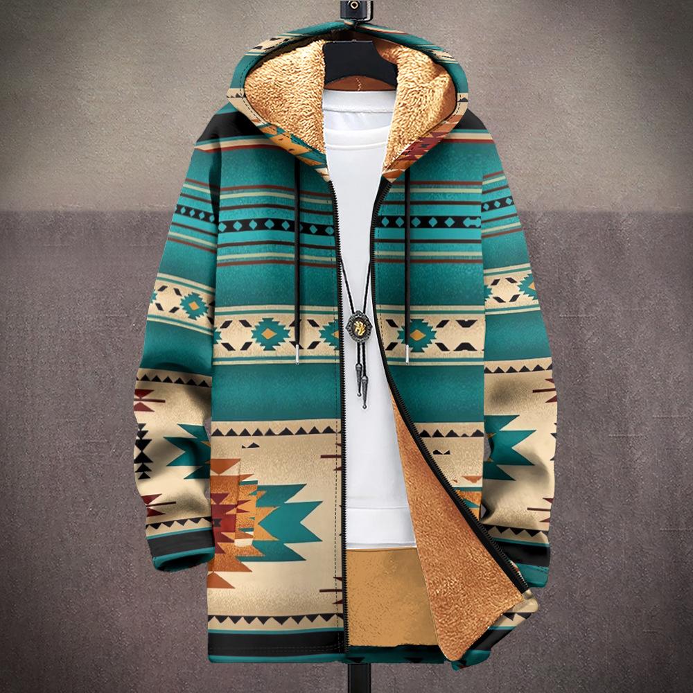 New Jacket: Multi-colored Pattern Elements, Zipper Hooded Cardigan, Thickened Winter Fleece Padded Clothes, Yellow Lining, Trendy Cotton Clothes