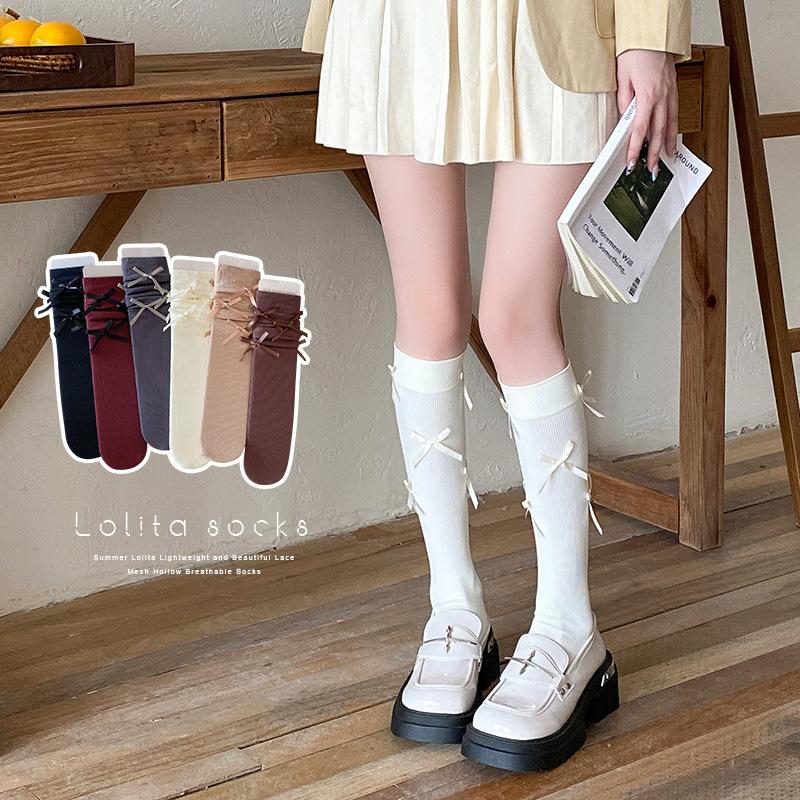 Balett-stil vadstrumpor för kvinnor, vår och höst, sammet, knälånga, långa med rosett, Lolita, kompressionsstrumpor