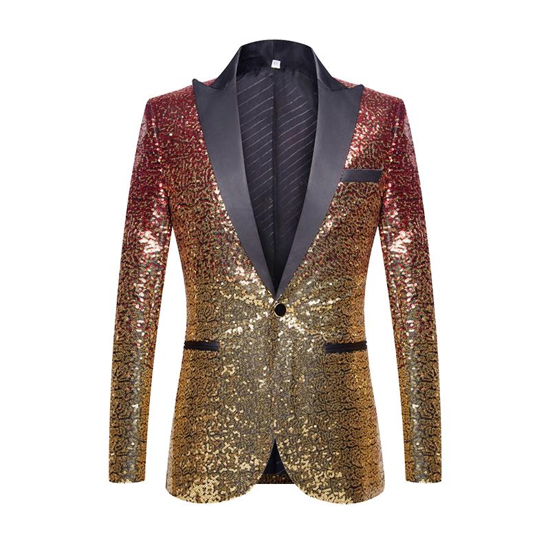 PYJTRL Mens Fashion Gradual Change Color Shiny Sequin Suit Jacket Closure Collar Blazer