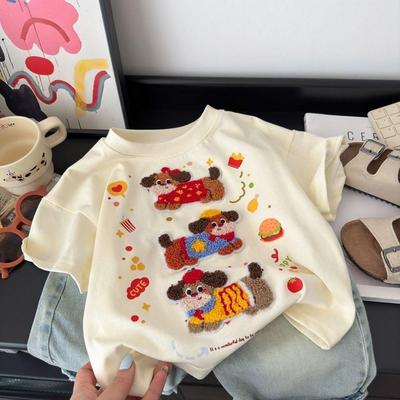 Summer Arrival: Kids' Cartoon Embroidered Cotton T-Shirt (Short-Sleeve, Loose Fit, Korean Style)