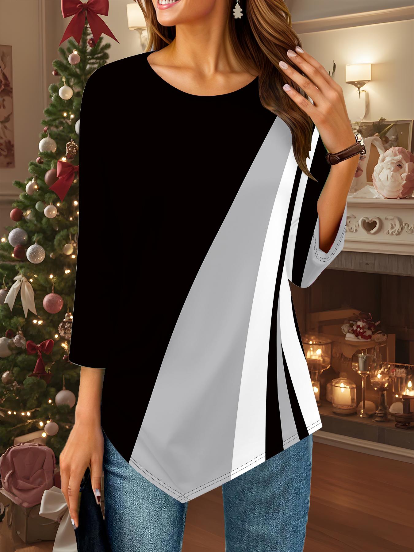 

Women s Loose Round Neck Three Quarter Sleeve Tee 3D Geometry Pattern XS серый