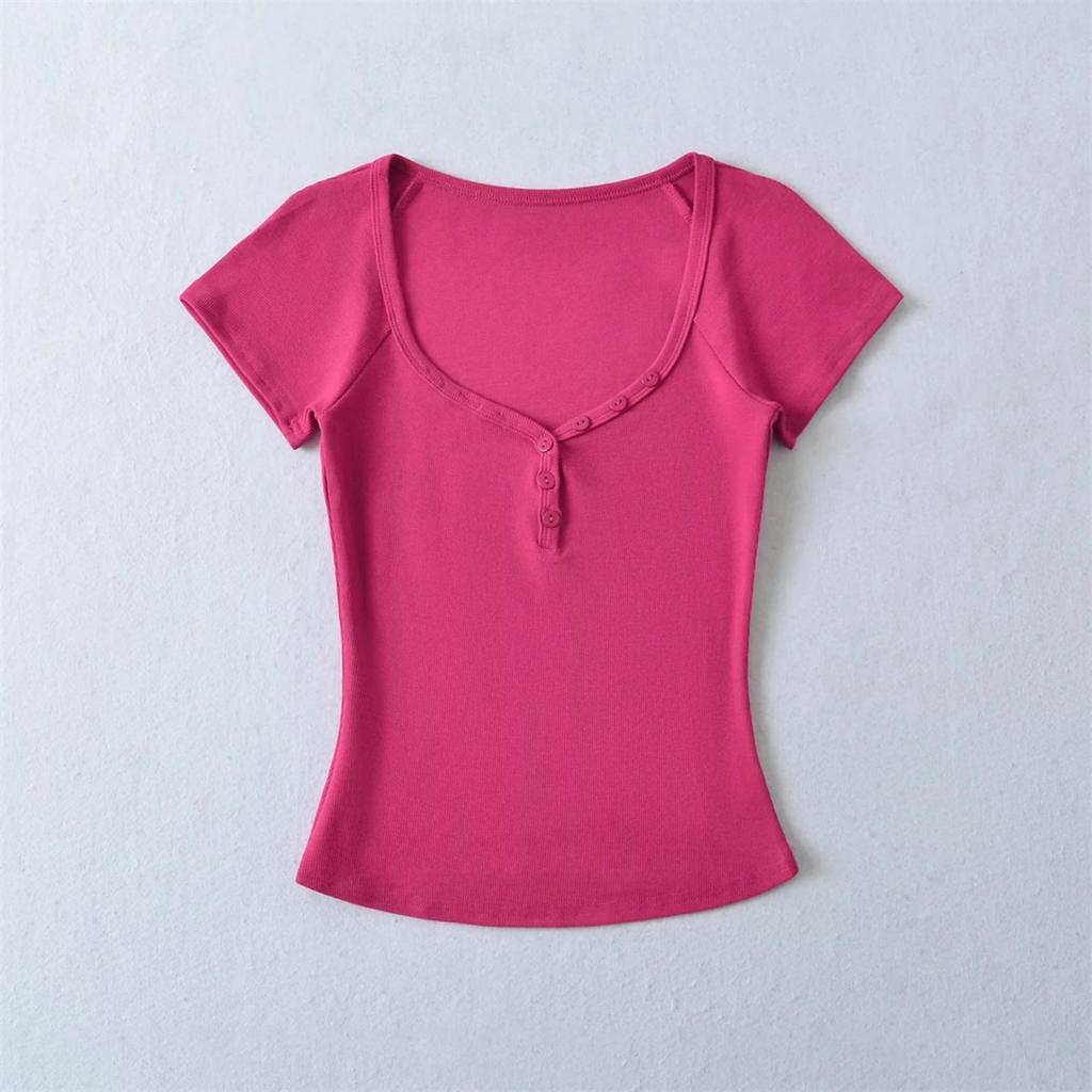 Women's Sweetheart Neck Short Sleeve T Shirt Slim Fit Basic Solid Color Tee