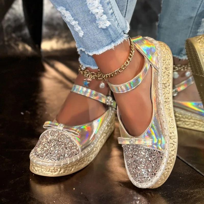 Fashion 2025 Fashion Ladies Shoes Buckle Strap Women's Vulcanize Shoes New Sequins Outdoor Casual Best Seller Plus Size Flat Low Heels
