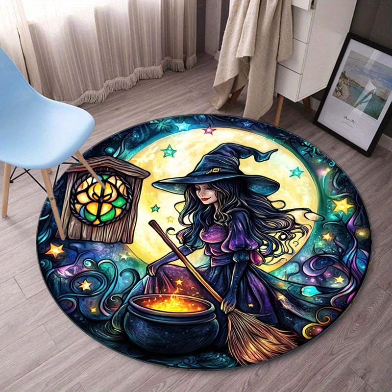 Round Crystal Velvet Rug Witch With Cauldron And Moon Magic Fantasy Art Halloween Theme Carpet For Bedroom Or Study Room 60cm