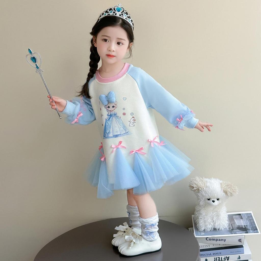 Autumn 2025 Girls' Cartoon Sweatshirt Mesh Dress with Bowknot - Sweet Baby Princess Dress