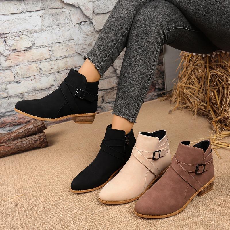 Big Size Women Pointed Toe Ankle Boots Chunky Heel Buckle Boots Side Zipper Retro Autumn Winter Designer Shoes Zapatos De Mujer