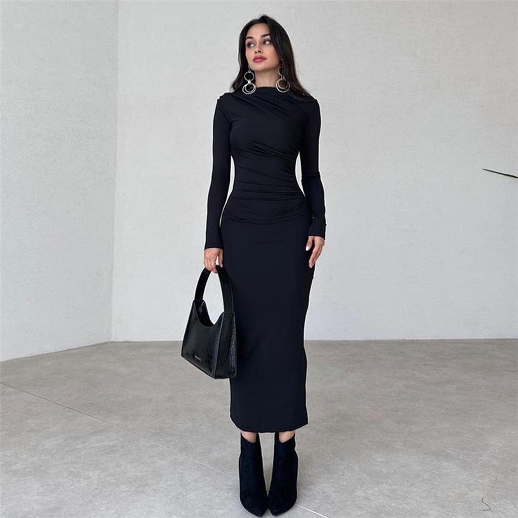 Spring Autumn New Women's Solid Color Bodycon Long Pencil Dress Elegant Slim Fit Casual Party Dress