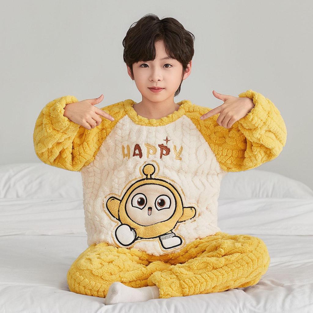 New Boys' Flannel Pajama Set - Warm Autumn/Winter Coral Fleece