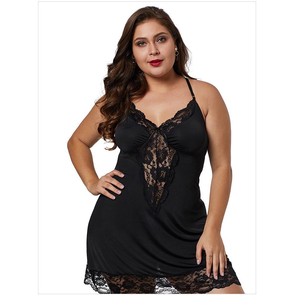 Plus Size Loose Deep V Lace Trim Sexy Lingerie Camisole Sleepwear Nightgown for Women