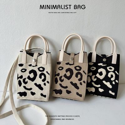 Black and White Leopard Point Knitted Mini Phone Bag Crossbody Bag Women's Pocket Purse Small Square Bag