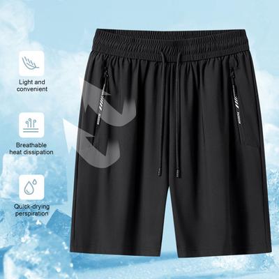 Men Shorts Elastic Waist Mid-rise Breathable Shorts with Pockets Quick Drying Ice Silk Thin Leisure Shorts