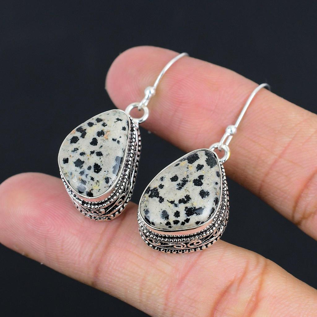 Gift For Her 925 Silver Natural Dalmatian Jasper Drop/Dangle Vintage Earrings