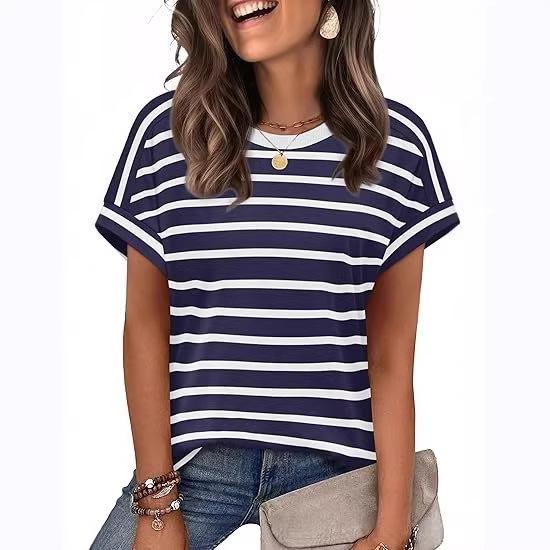 New Arrival Women's Round Neck Striped Color Block Casual Short Sleeve T-shirt